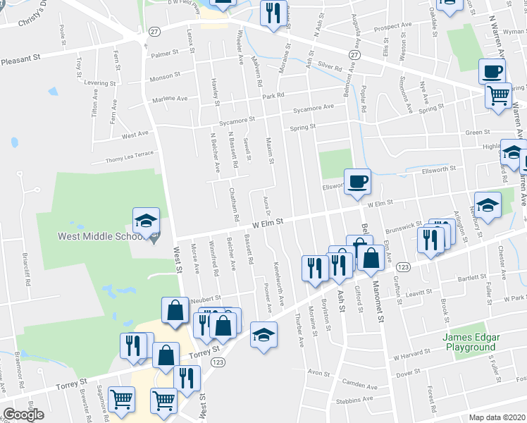 map of restaurants, bars, coffee shops, grocery stores, and more near 14 Auna Drive in Brockton