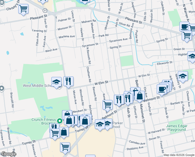 map of restaurants, bars, coffee shops, grocery stores, and more near 14 Auna Drive in Brockton