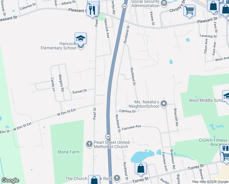 map of restaurants, bars, coffee shops, grocery stores, and more near 213 Rockland Street in Brockton