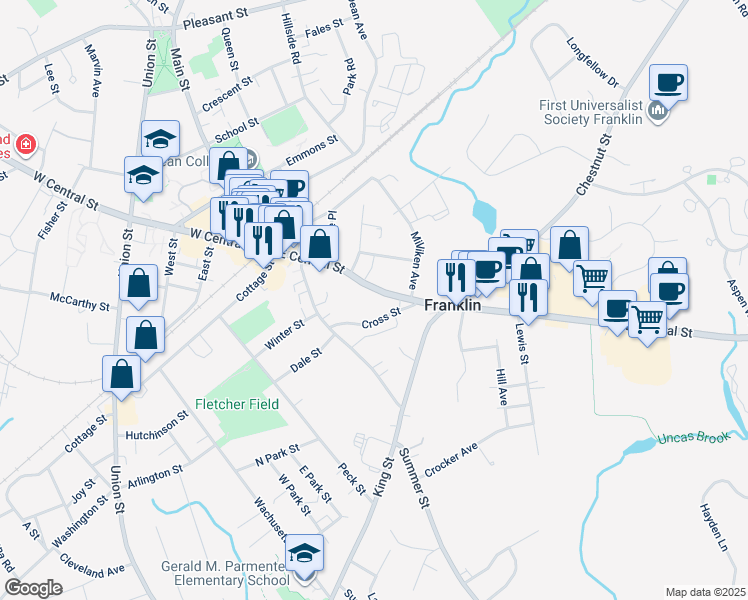 map of restaurants, bars, coffee shops, grocery stores, and more near 118 East Central Street in Franklin