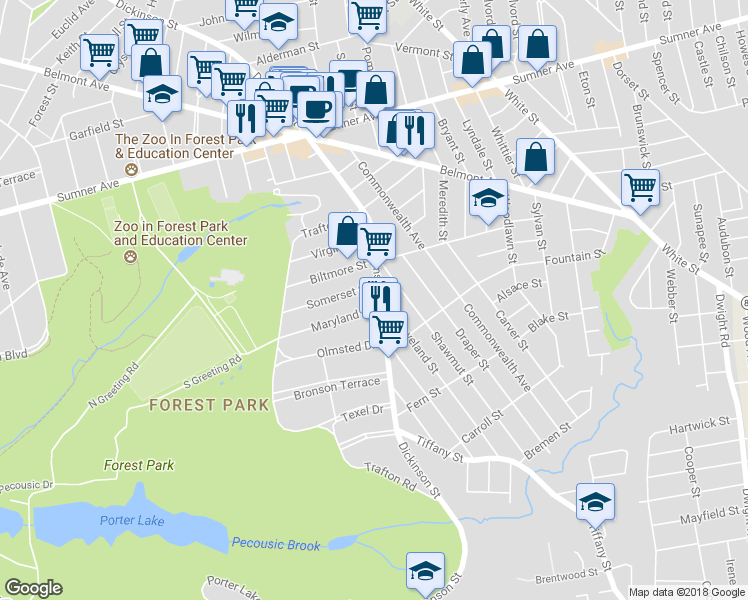 map of restaurants, bars, coffee shops, grocery stores, and more near 9-11 Somerset Street in Springfield