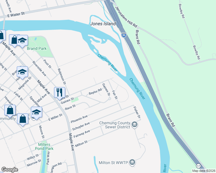 map of restaurants, bars, coffee shops, grocery stores, and more near Fair Street in Elmira