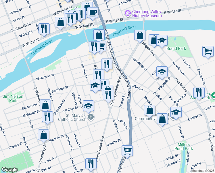 map of restaurants, bars, coffee shops, grocery stores, and more near 160 Boardman Street in Elmira