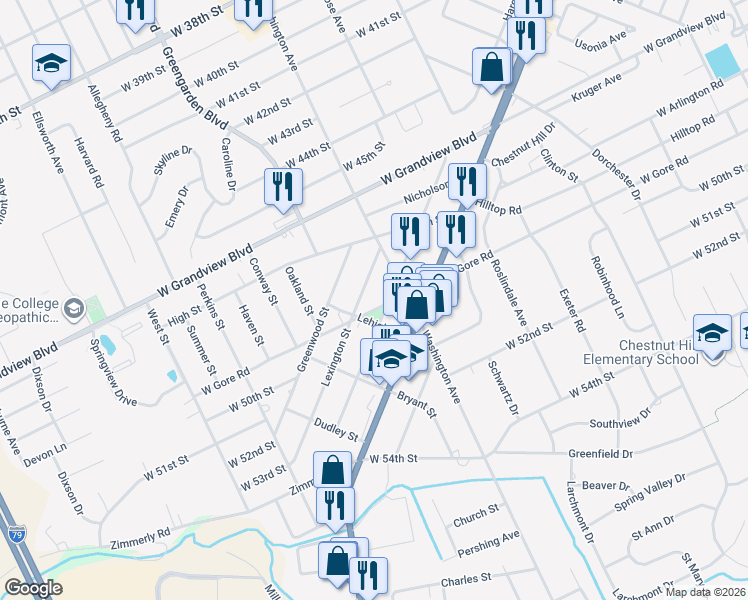 map of restaurants, bars, coffee shops, grocery stores, and more near 1526 West Gore Road in Erie