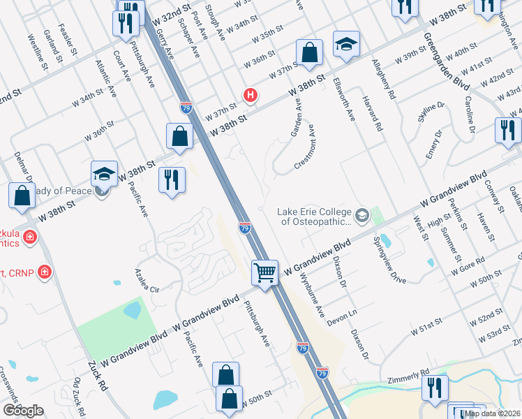 map of restaurants, bars, coffee shops, grocery stores, and more near 4200 Schaper Avenue in Erie