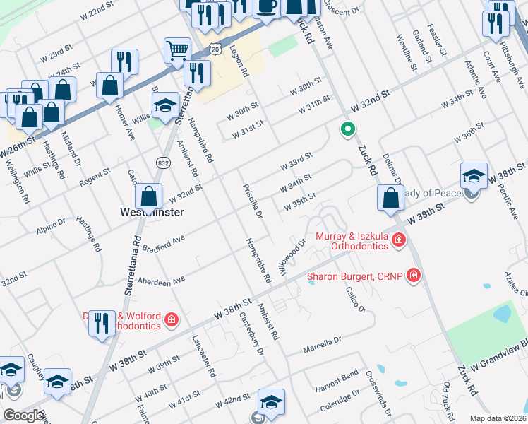 map of restaurants, bars, coffee shops, grocery stores, and more near in Erie County