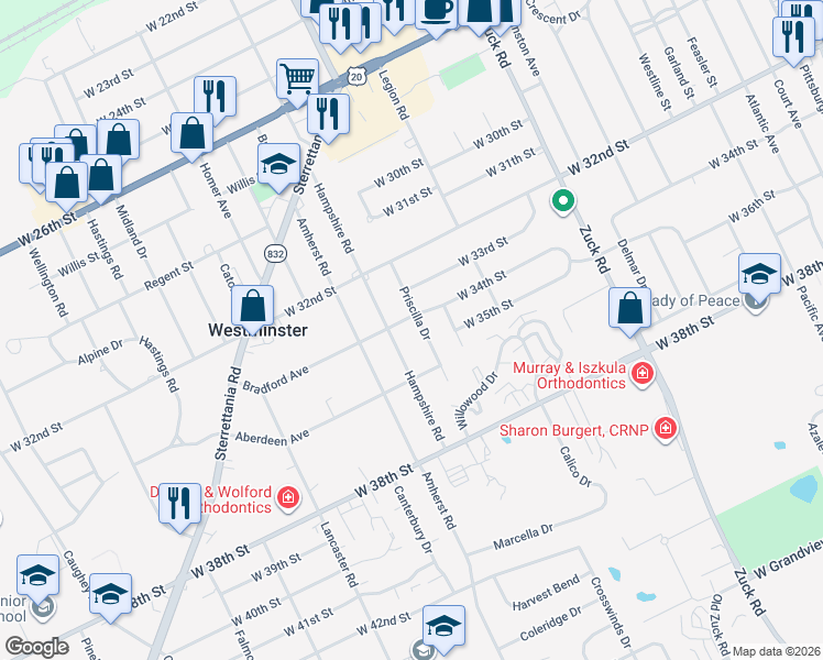 map of restaurants, bars, coffee shops, grocery stores, and more near in Erie County