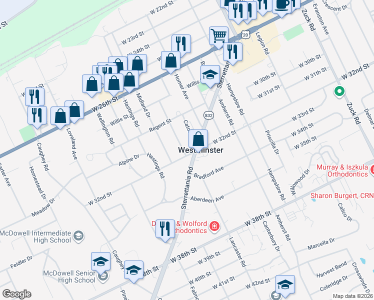 map of restaurants, bars, coffee shops, grocery stores, and more near 3220 West 32nd Street in Erie