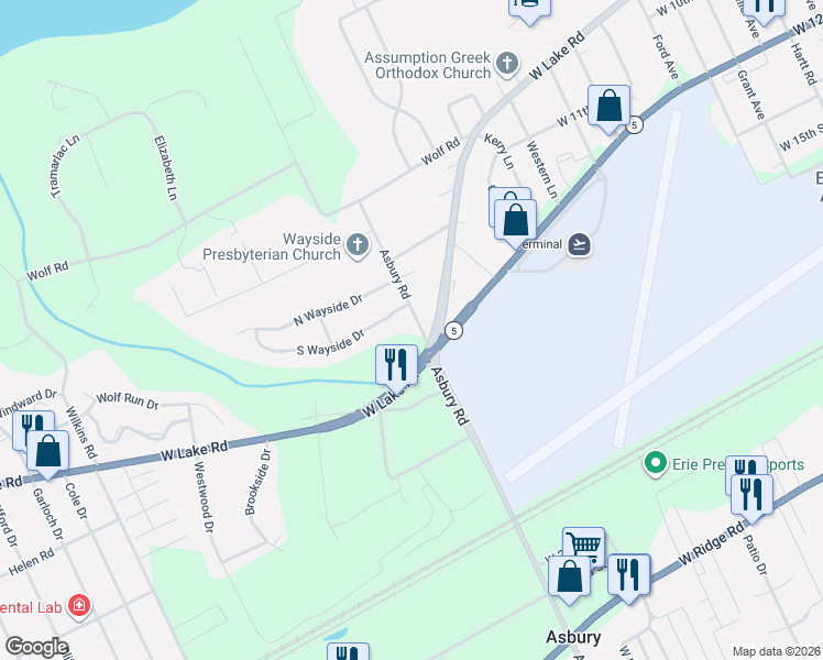 map of restaurants, bars, coffee shops, grocery stores, and more near 1424 Asbury Road in Erie