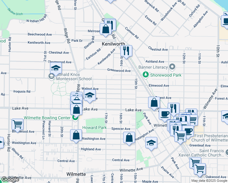 map of restaurants, bars, coffee shops, grocery stores, and more near 1609 Walnut Avenue in Wilmette