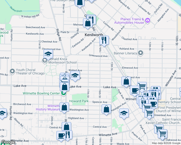 map of restaurants, bars, coffee shops, grocery stores, and more near 1639 Walnut Avenue in Wilmette