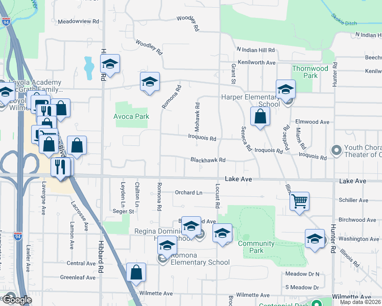 map of restaurants, bars, coffee shops, grocery stores, and more near 2740 Blackhawk Road in Wilmette
