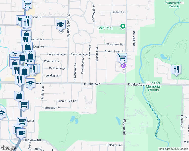 map of restaurants, bars, coffee shops, grocery stores, and more near 1430 Brandon Road in Glenview