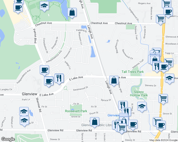 map of restaurants, bars, coffee shops, grocery stores, and more near 2128a Rugen Lane in Glenview