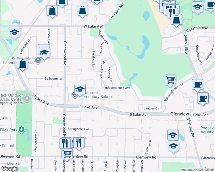 map of restaurants, bars, coffee shops, grocery stores, and more near 1416 Midway Lane in Glenview