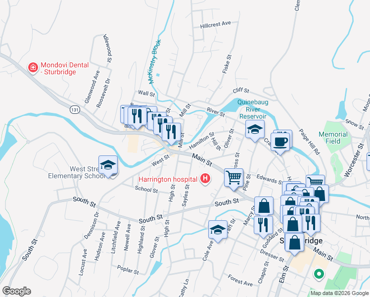 map of restaurants, bars, coffee shops, grocery stores, and more near 540 Hamilton Street in Southbridge
