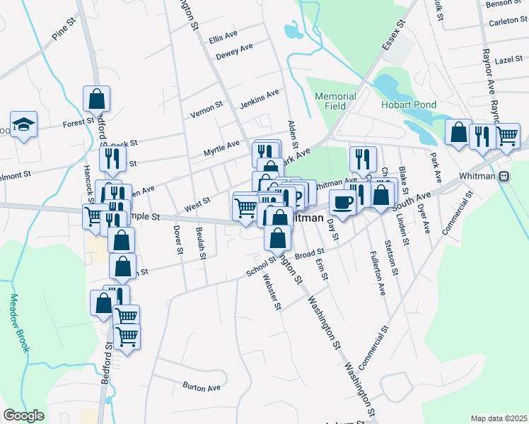 map of restaurants, bars, coffee shops, grocery stores, and more near 584 Washington Street in Whitman