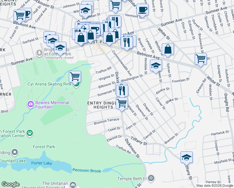 map of restaurants, bars, coffee shops, grocery stores, and more near 9-11 Somerset Street in Springfield