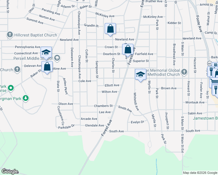 map of restaurants, bars, coffee shops, grocery stores, and more near 21 Elliott Avenue in Jamestown