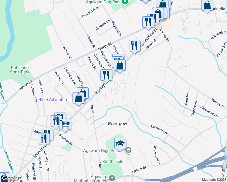 map of restaurants, bars, coffee shops, grocery stores, and more near 39 Day Street in Agawam