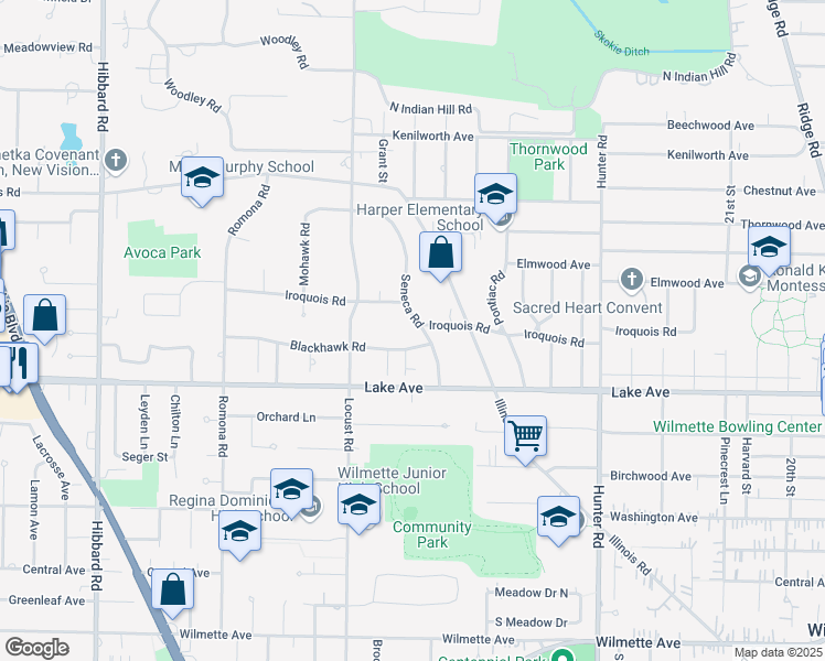 map of restaurants, bars, coffee shops, grocery stores, and more near 1001 Seneca Road in Wilmette