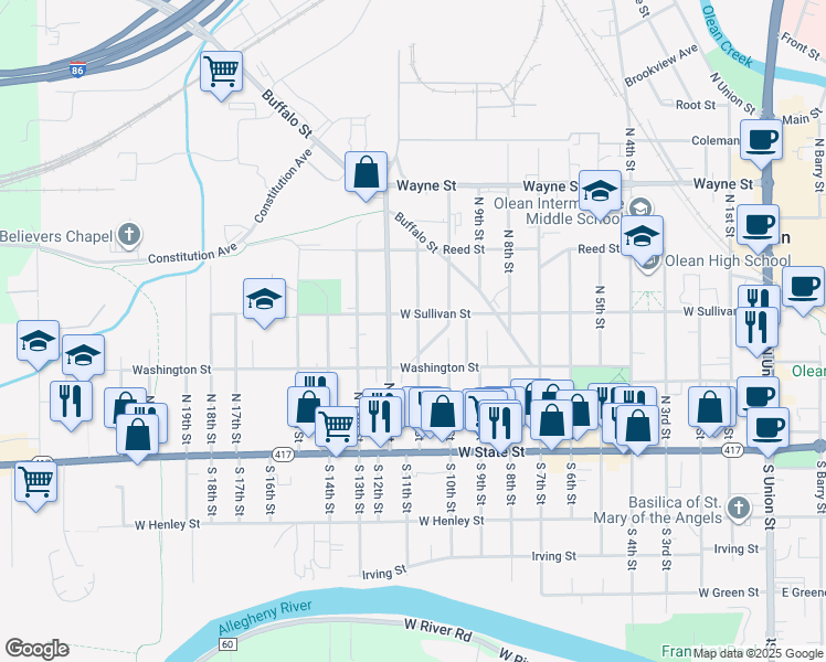 map of restaurants, bars, coffee shops, grocery stores, and more near 217 North 11th Street in Olean