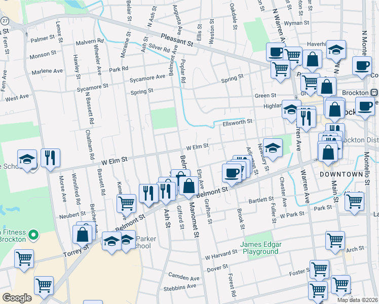 map of restaurants, bars, coffee shops, grocery stores, and more near 306 West Elm Street in Brockton
