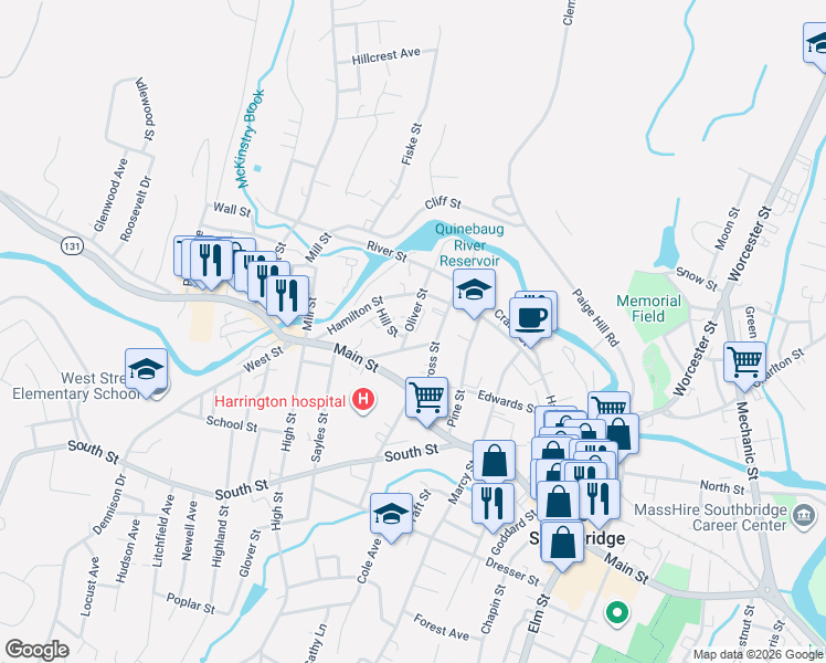 map of restaurants, bars, coffee shops, grocery stores, and more near 70 Oliver Street in Southbridge