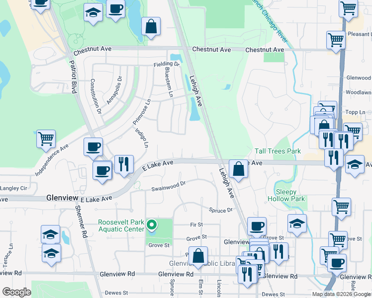 map of restaurants, bars, coffee shops, grocery stores, and more near 2128a Rugen Lane in Glenview