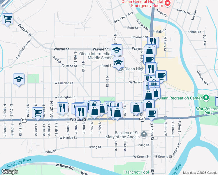 map of restaurants, bars, coffee shops, grocery stores, and more near 227 North 5th Street in Olean