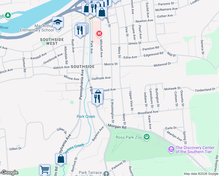 map of restaurants, bars, coffee shops, grocery stores, and more near 23 Sherwood Avenue in Binghamton