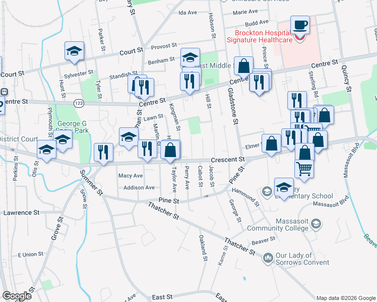 map of restaurants, bars, coffee shops, grocery stores, and more near 17 Draper Street in Brockton