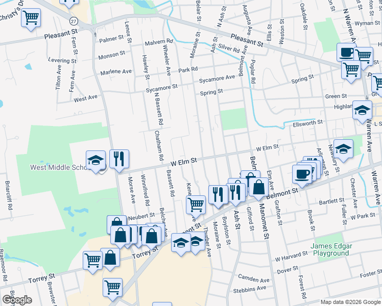 map of restaurants, bars, coffee shops, grocery stores, and more near 11 Auna Drive in Brockton