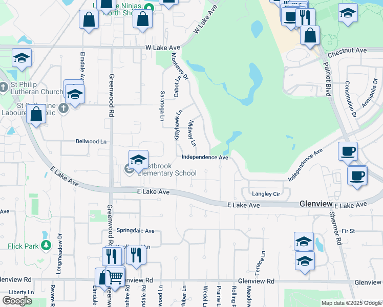 map of restaurants, bars, coffee shops, grocery stores, and more near 1416 Midway Lane in Glenview
