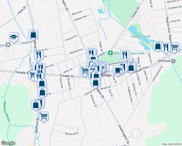 map of restaurants, bars, coffee shops, grocery stores, and more near 584 Washington Street in Whitman