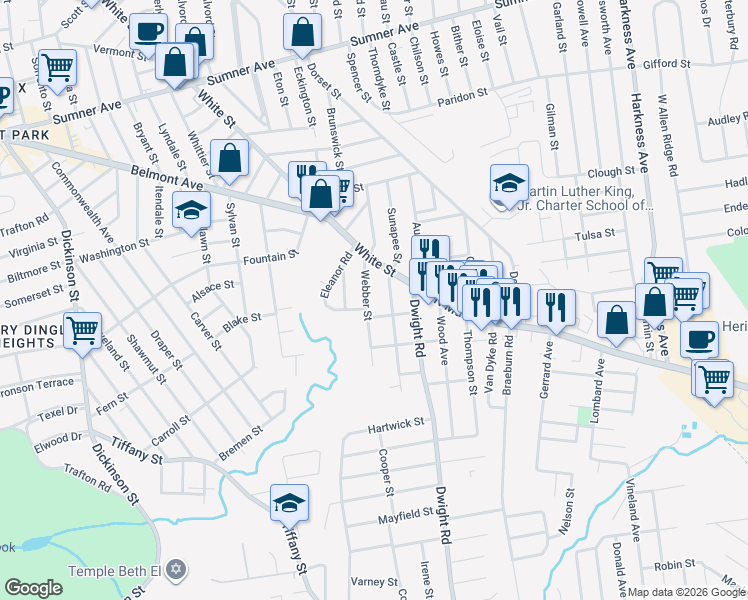 map of restaurants, bars, coffee shops, grocery stores, and more near 53 Webber Street in Springfield