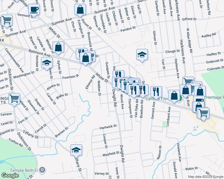 map of restaurants, bars, coffee shops, grocery stores, and more near 16 Dwight Road in Springfield