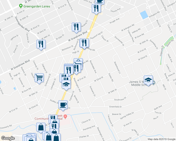 map of restaurants, bars, coffee shops, grocery stores, and more near 5039 Hillsdale Avenue in Erie