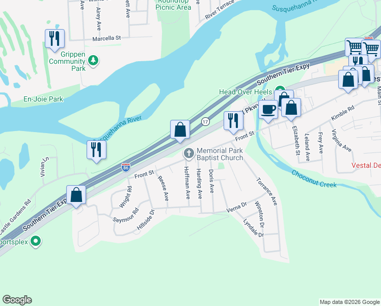 map of restaurants, bars, coffee shops, grocery stores, and more near 1020 Front Street in Vestal