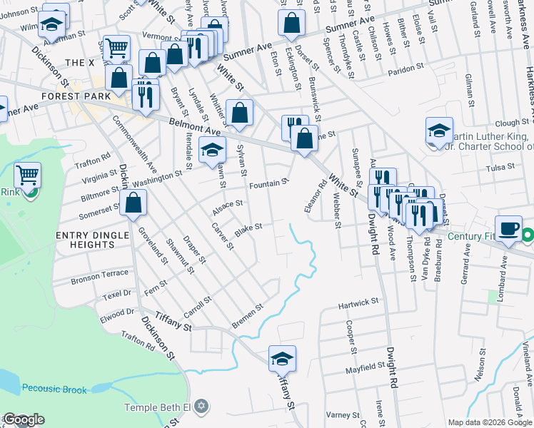 map of restaurants, bars, coffee shops, grocery stores, and more near 112 Belvidere Street in Springfield