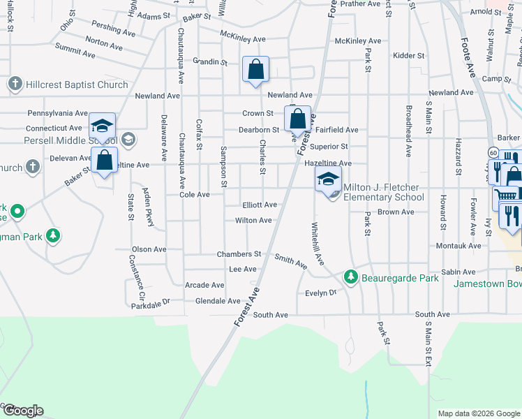 map of restaurants, bars, coffee shops, grocery stores, and more near 21 Elliott Avenue in Jamestown