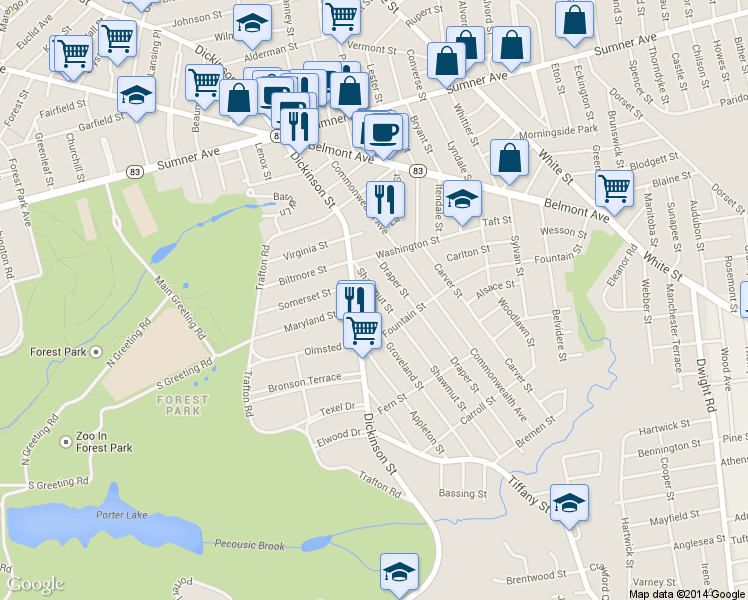 map of restaurants, bars, coffee shops, grocery stores, and more near 46-48 Shawmut Street in Springfield