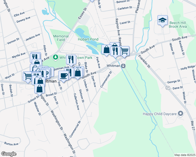 map of restaurants, bars, coffee shops, grocery stores, and more near 27 Crescent Street in Whitman