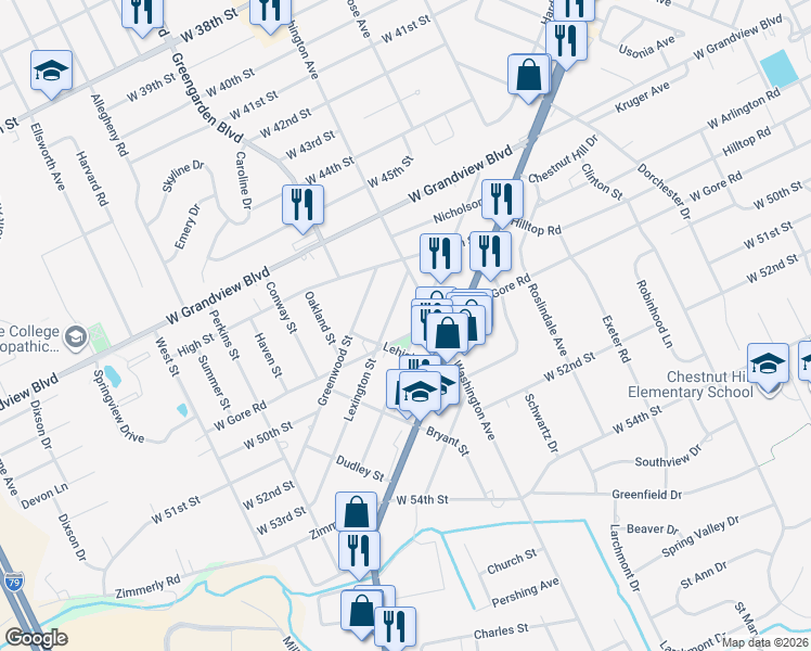 map of restaurants, bars, coffee shops, grocery stores, and more near 1526 W Gore Rd in Erie