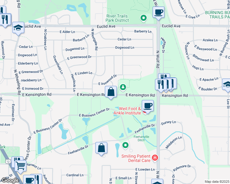 map of restaurants, bars, coffee shops, grocery stores, and more near 801 Newberry Lane in Mount Prospect