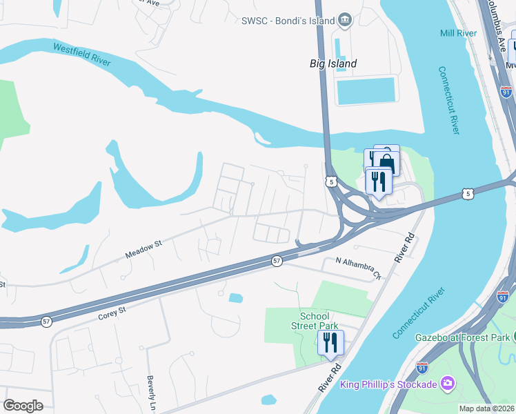 map of restaurants, bars, coffee shops, grocery stores, and more near 427 Meadow Street in Agawam