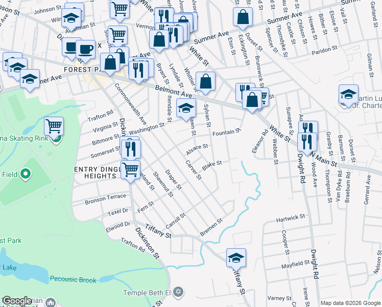 map of restaurants, bars, coffee shops, grocery stores, and more near 17 Alsace Street in Springfield
