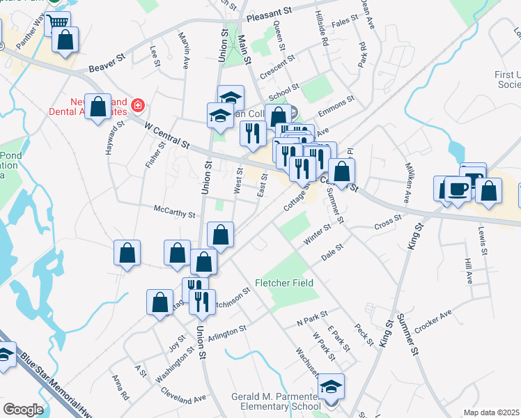 map of restaurants, bars, coffee shops, grocery stores, and more near 56 East Street in Franklin