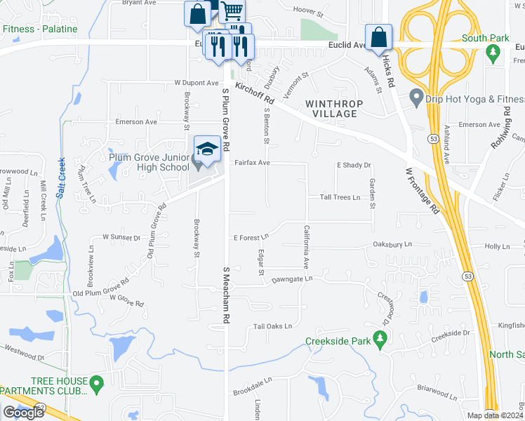 map of restaurants, bars, coffee shops, grocery stores, and more near 4724 Burr Oak Court in Palatine
