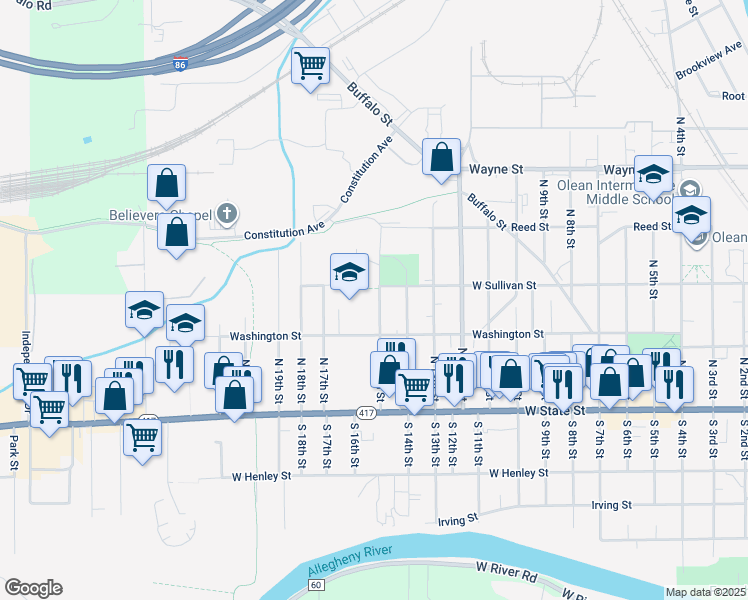map of restaurants, bars, coffee shops, grocery stores, and more near 223 North 15th Street in Olean